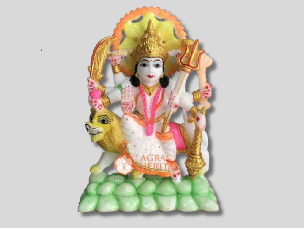 White Marble Durga Hand Painted Statue Religious Gift